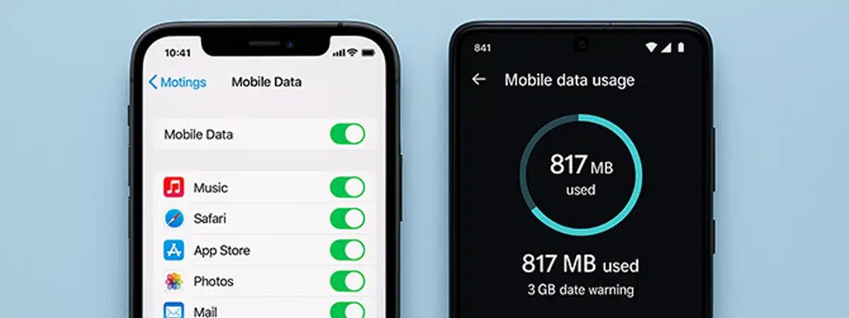 smartphones with mobile data usage on screen