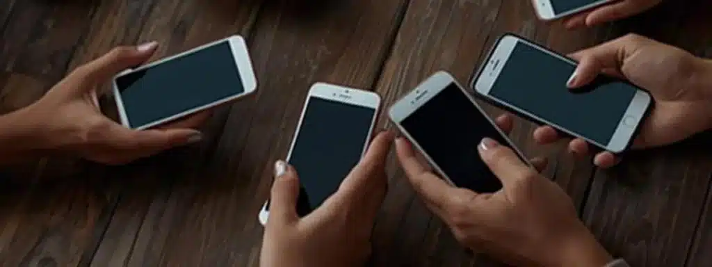 The hands of 4 employees using their business mobile phone models in a group