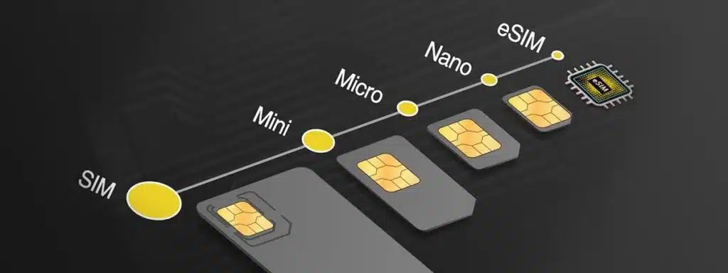 Infographic showcasing various SIM card types, including regular SIM, Mini, Micro, Nano, and eSIM