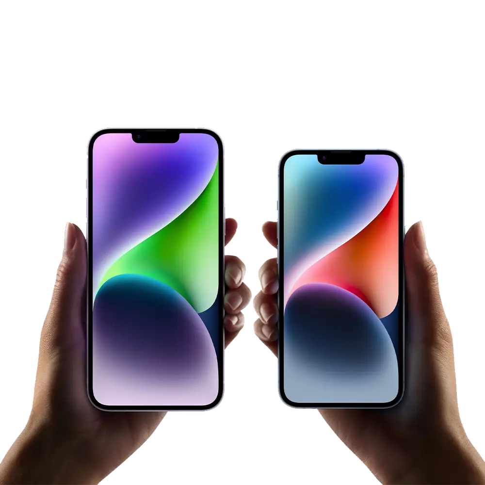 Two hands hold up iPhone 14 and 14 Plus smartphone models for size comparison