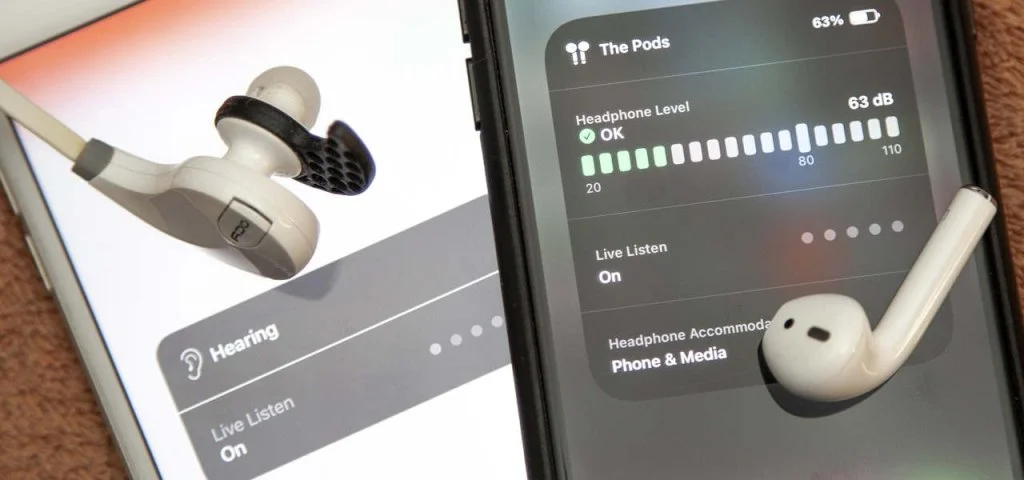 iPhone 14 Plus 100 hours audio playback with Apple AirPods resting on unlocked screen