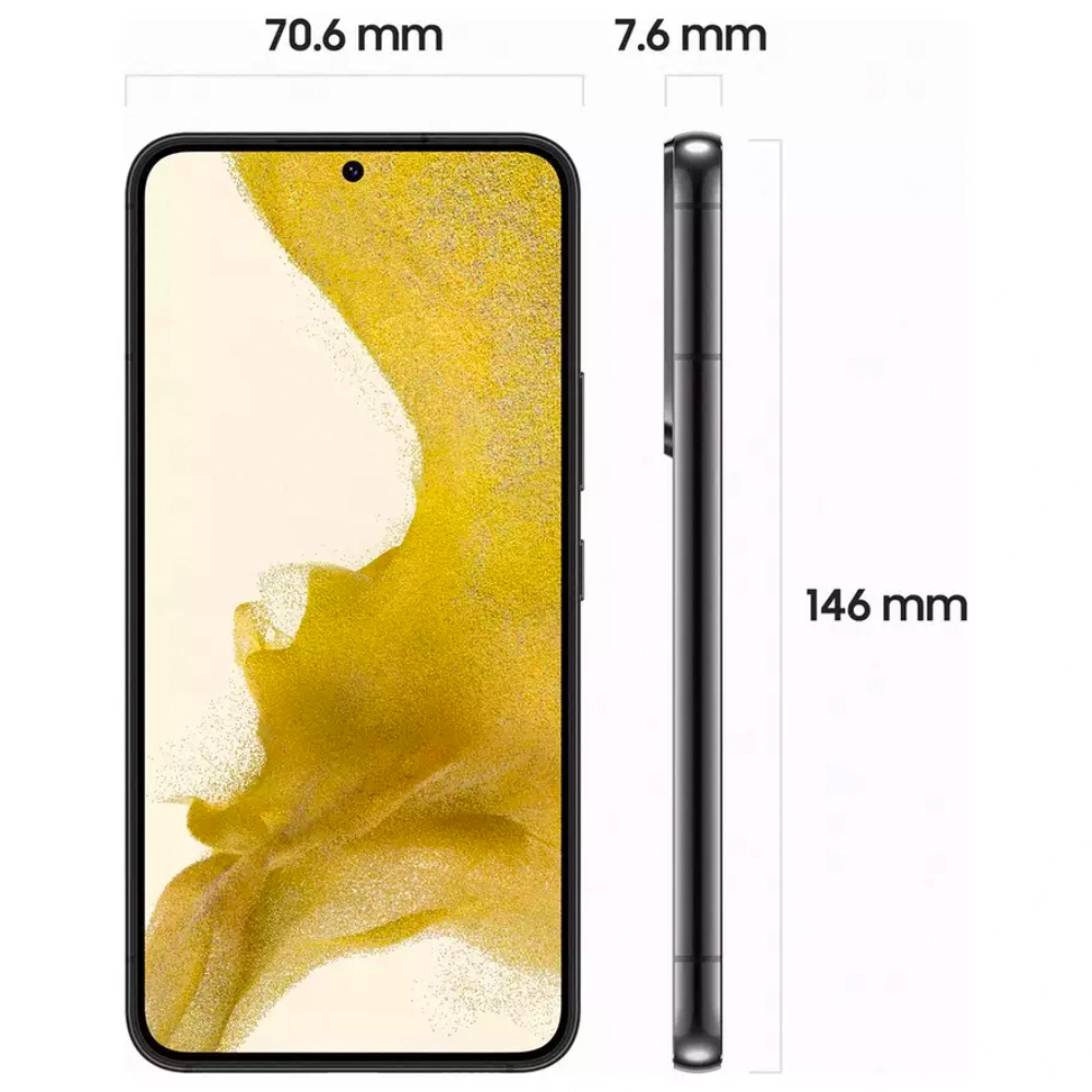 Samsung Galaxy S22+ Plus with annotated dimensions (75.8mm width x 157.4mm length)