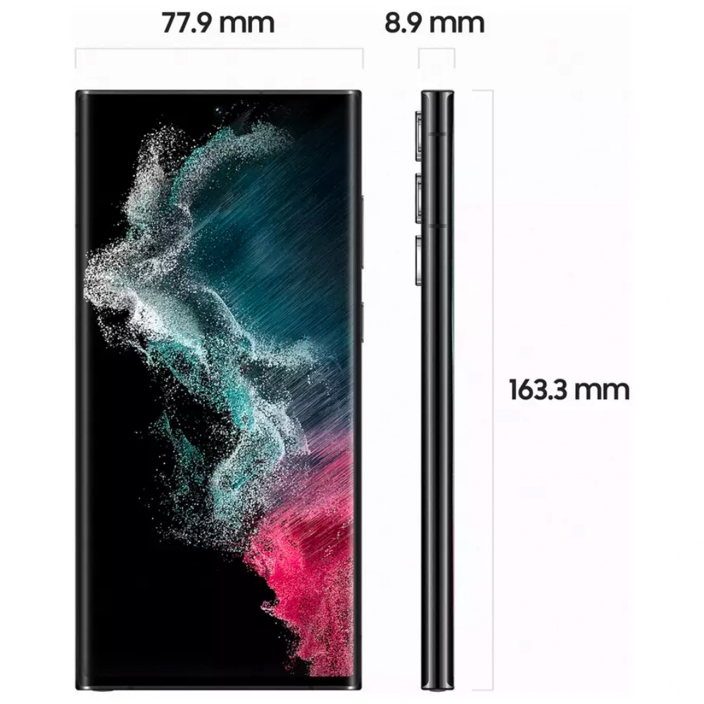 Annotated cutout of Samsung S22 Ultra smartphone length, width and size dimensions