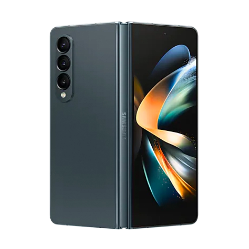 Cutout of grey Samsung Z Fold4 folded vertically to show screen and camera