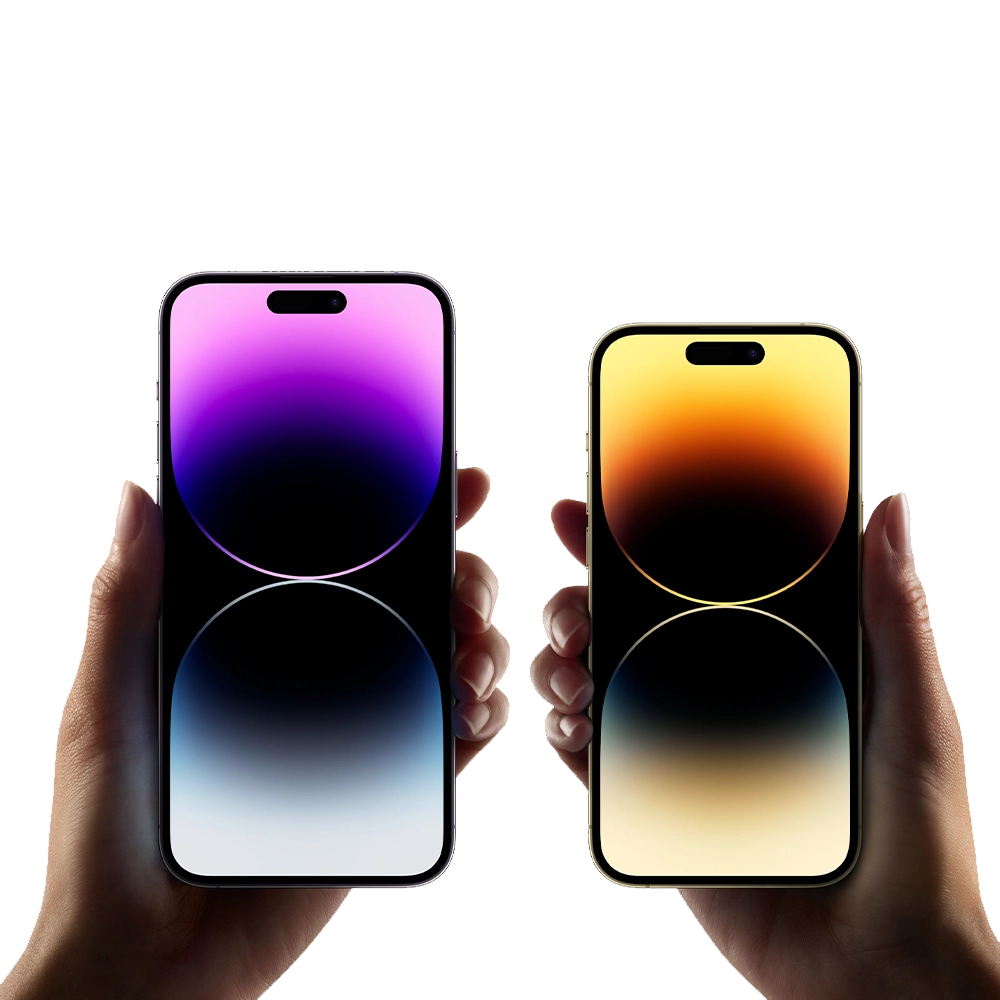 Two hands hold up iPhone 14 Plus and Pro Max models side by side