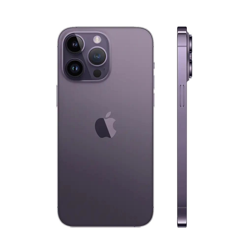 Front & side profile of iPhone 14 Pro Max in deep purple