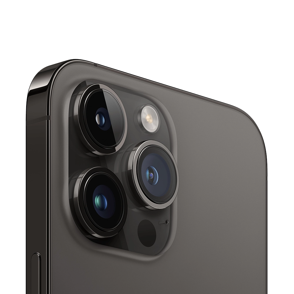 Close-up shot of iPhone 14 Pro triple camera system in Space Black
