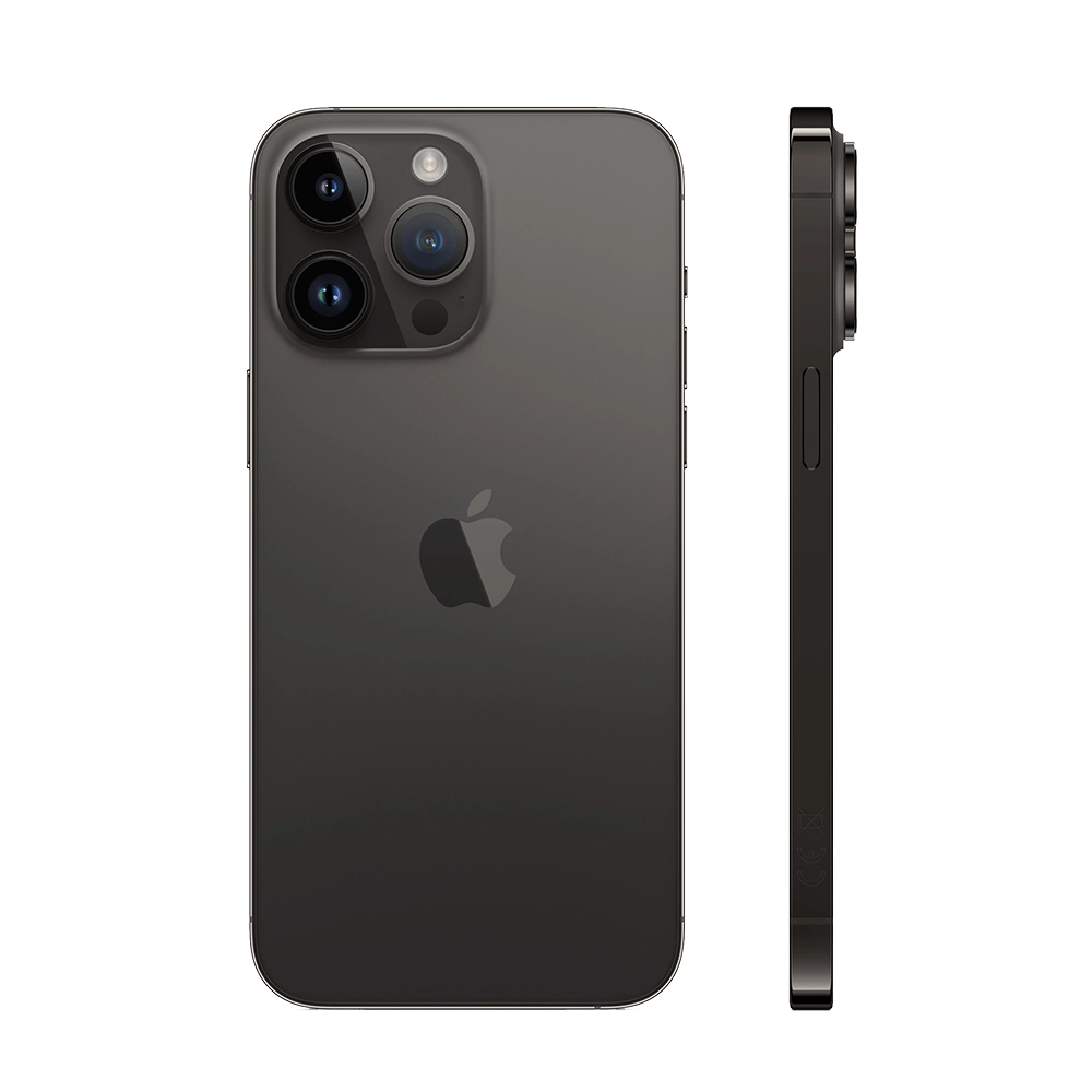 Product image cutout of Apple iPhone 14 Pro for business showing side profile and triple camera