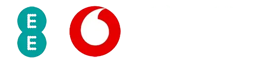 EE, Vodafone, Three, and O2 business mobile logos in a row