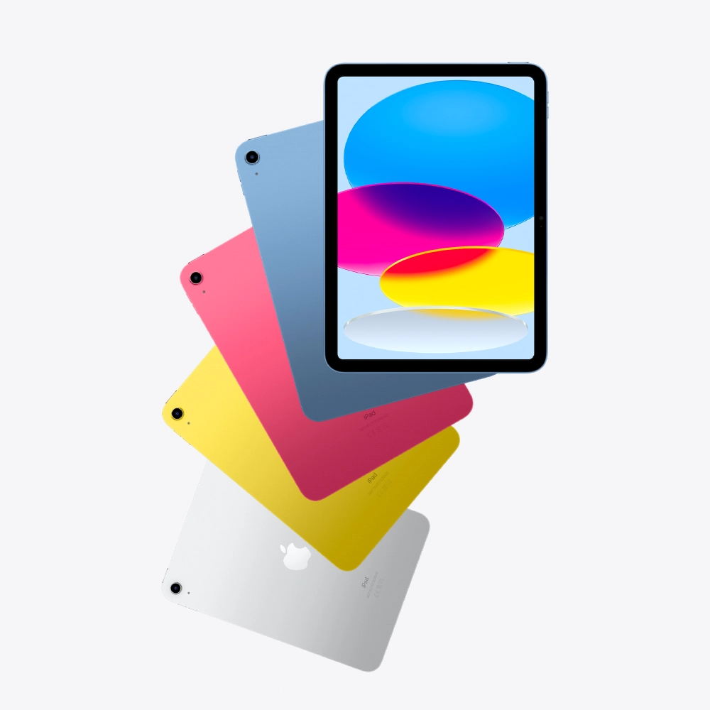 Cutout of Apple iPad 2022 all colours including silver, yellow, pink, and blue.