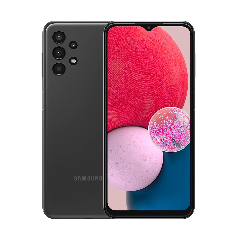 Product image cutout of black Samsung Galaxy A13 4G business smartphone showing camera & display