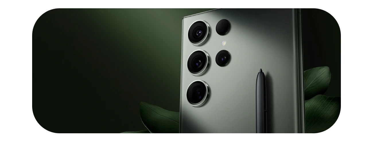 Samsung S23 Ultra banner with 5 camera system and S-Pen stylus support