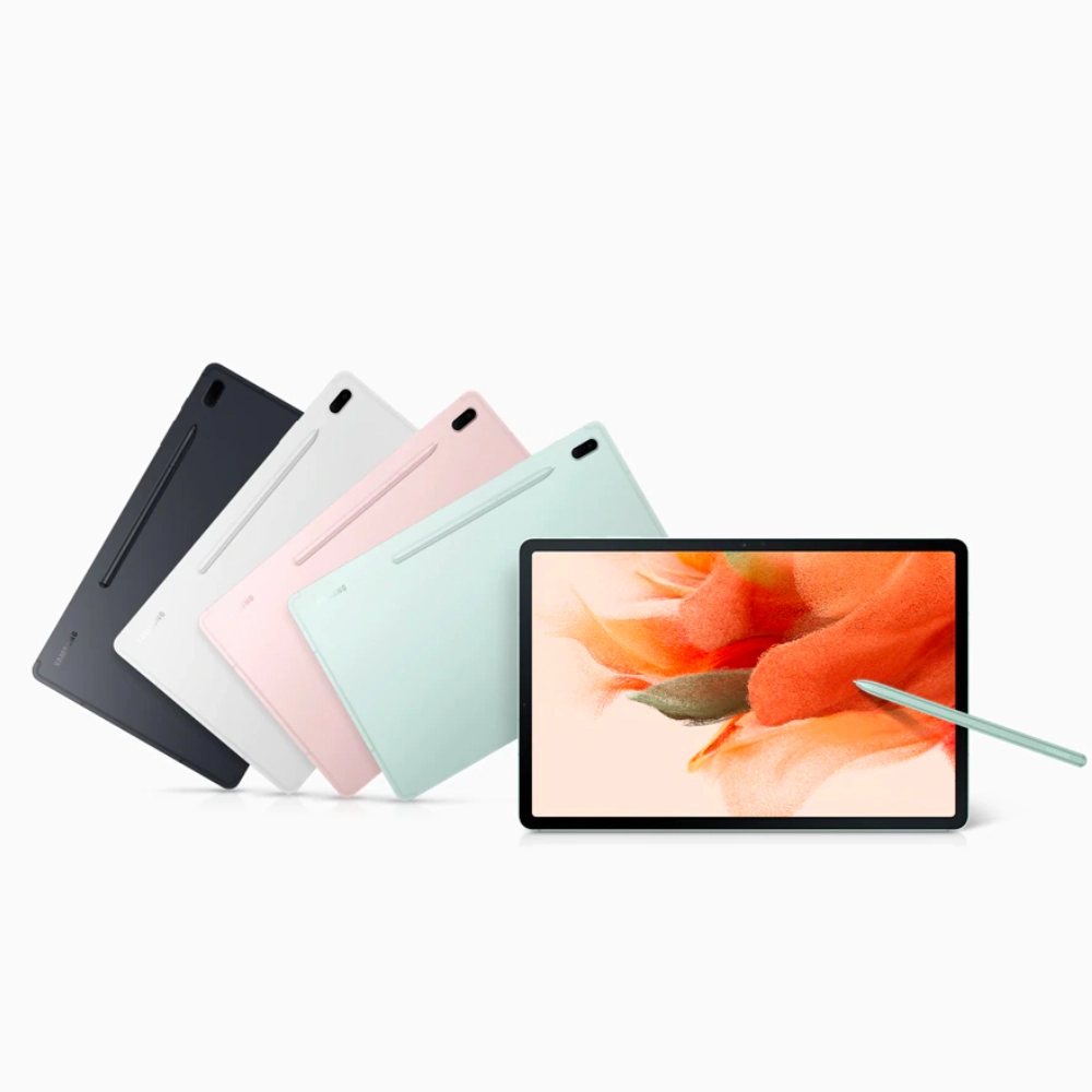 Banner of Samsung Galaxy Tab S7 FE 5G for business in all colours including Graphite Black, Silver, Pink, and Green.