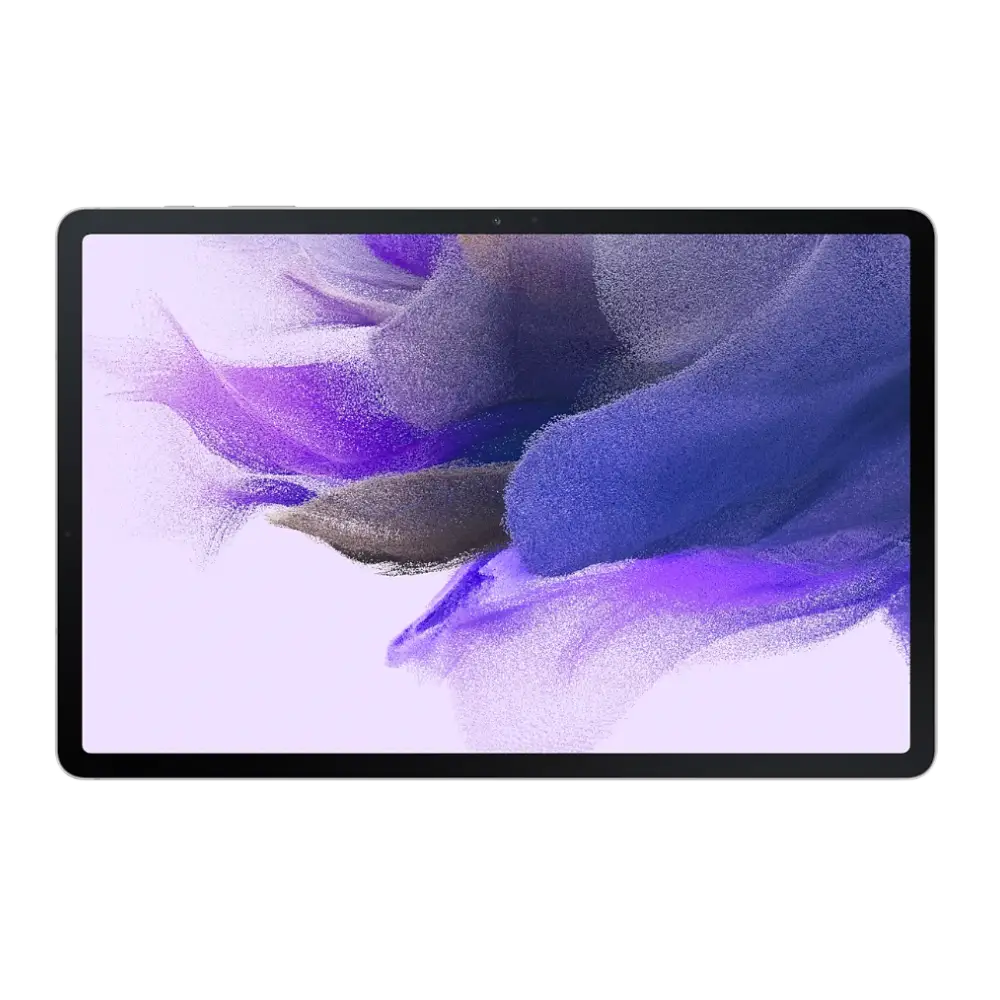 Front facing product image of Samsung Galaxy S7 FE business tablet deal in Mystic Silver with unlocked display with transparent background