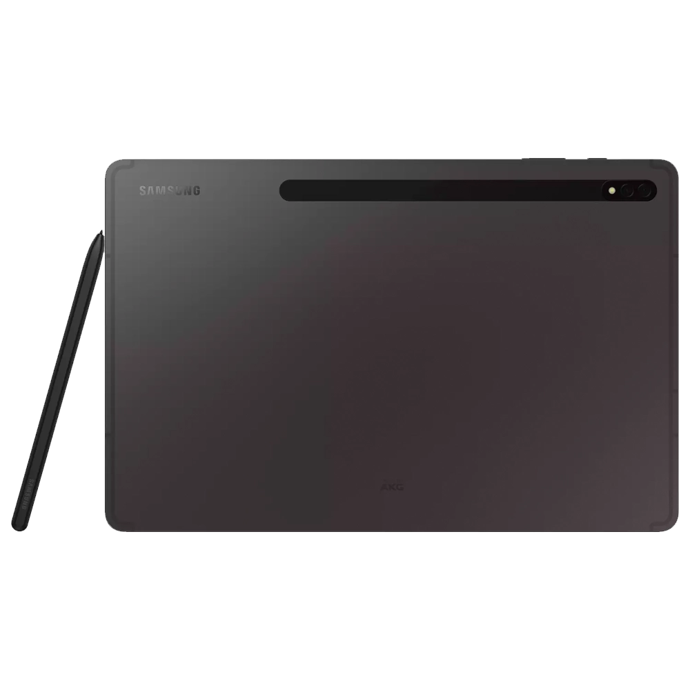 Rear side of Samsung Galaxy Tab S8 Ultra business tablet in Graphite Black with S-Pen stylus