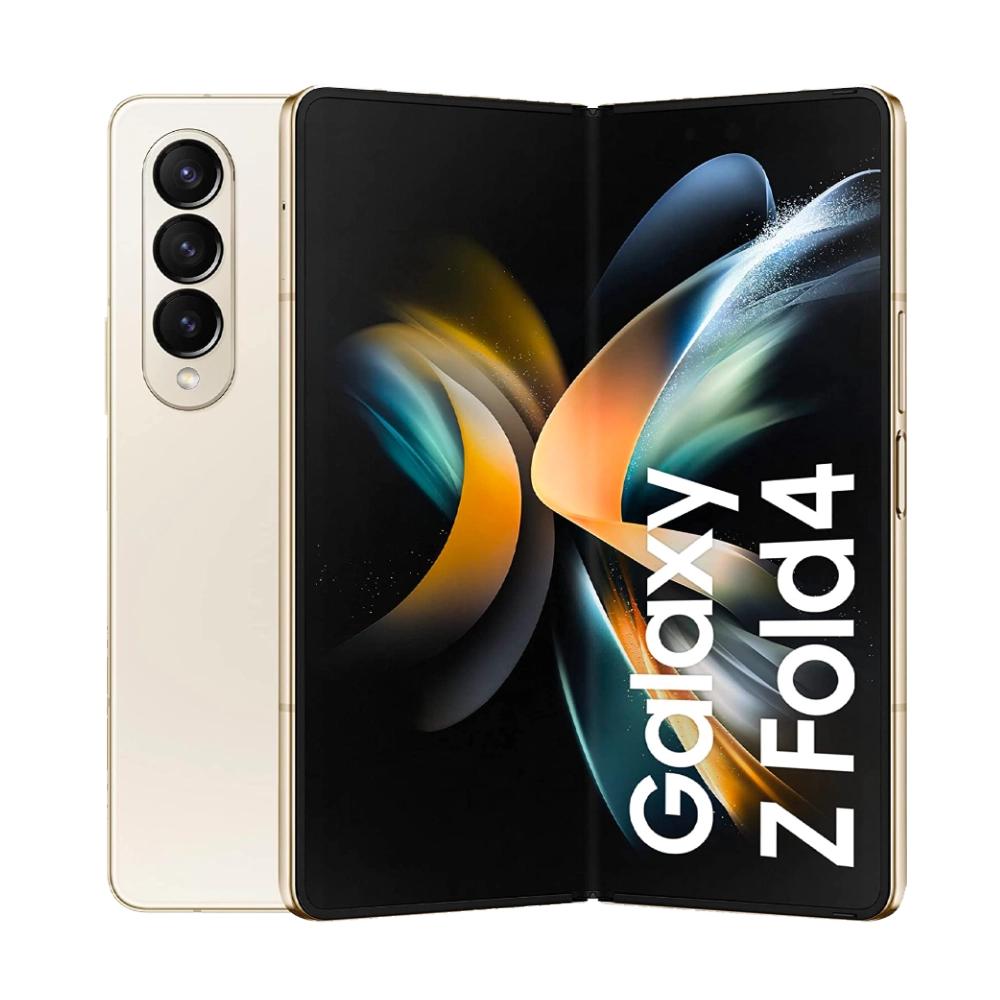 Product image cutout of Samsung Beige Galaxy Z Fold4 with triple camera and display