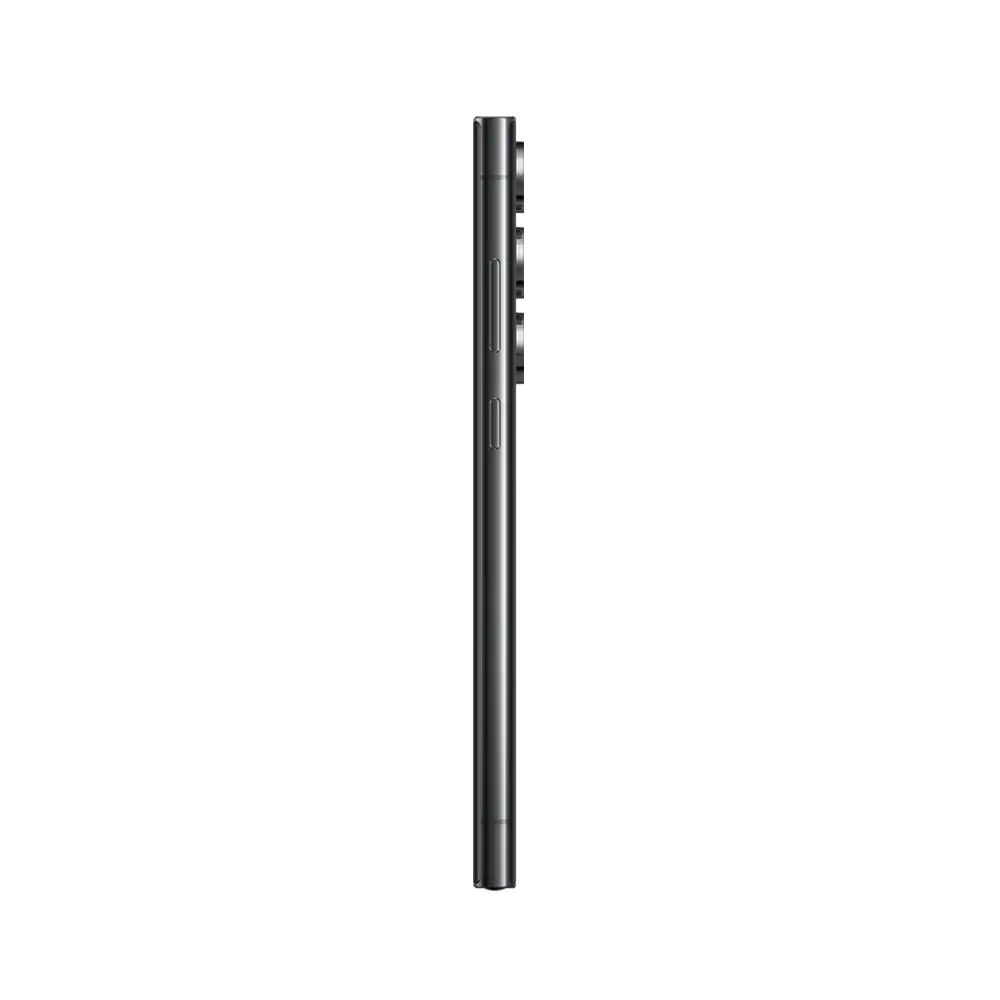 Side profile shot of Phantom Black Samsung Galaxy S23 Ultra on transparent background