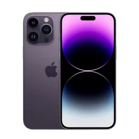 Product image cutout of Apple iPhone 14 Pro for business showing display and triple camera