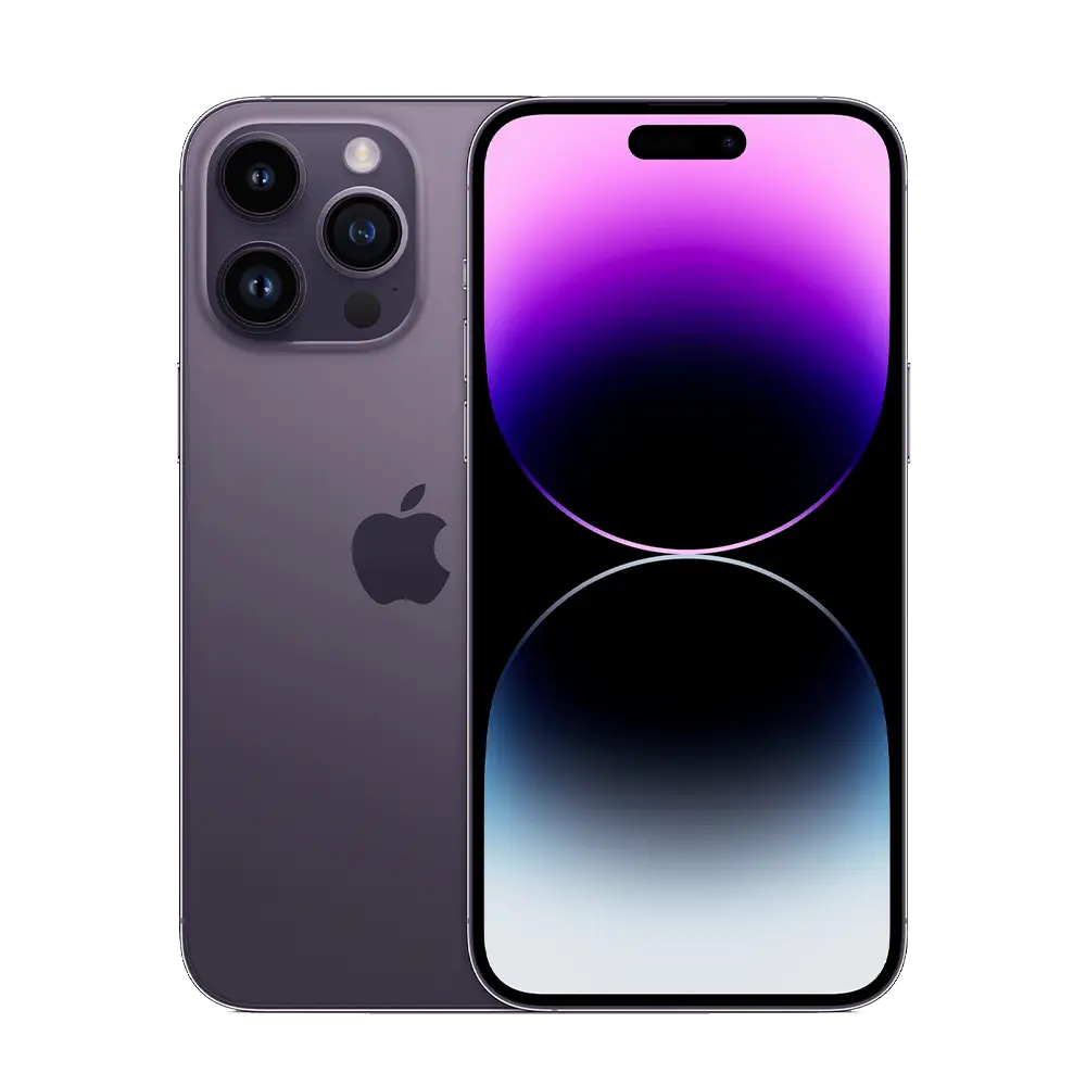 Product image cutout of Apple iPhone 14 Pro for business showing display and triple camera