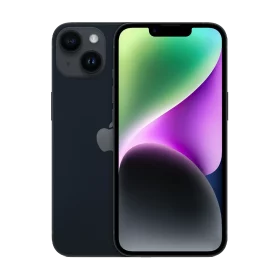 Front & rear side of iPhone 14 Plus in Midnight Black with dual camera & unlocked display.