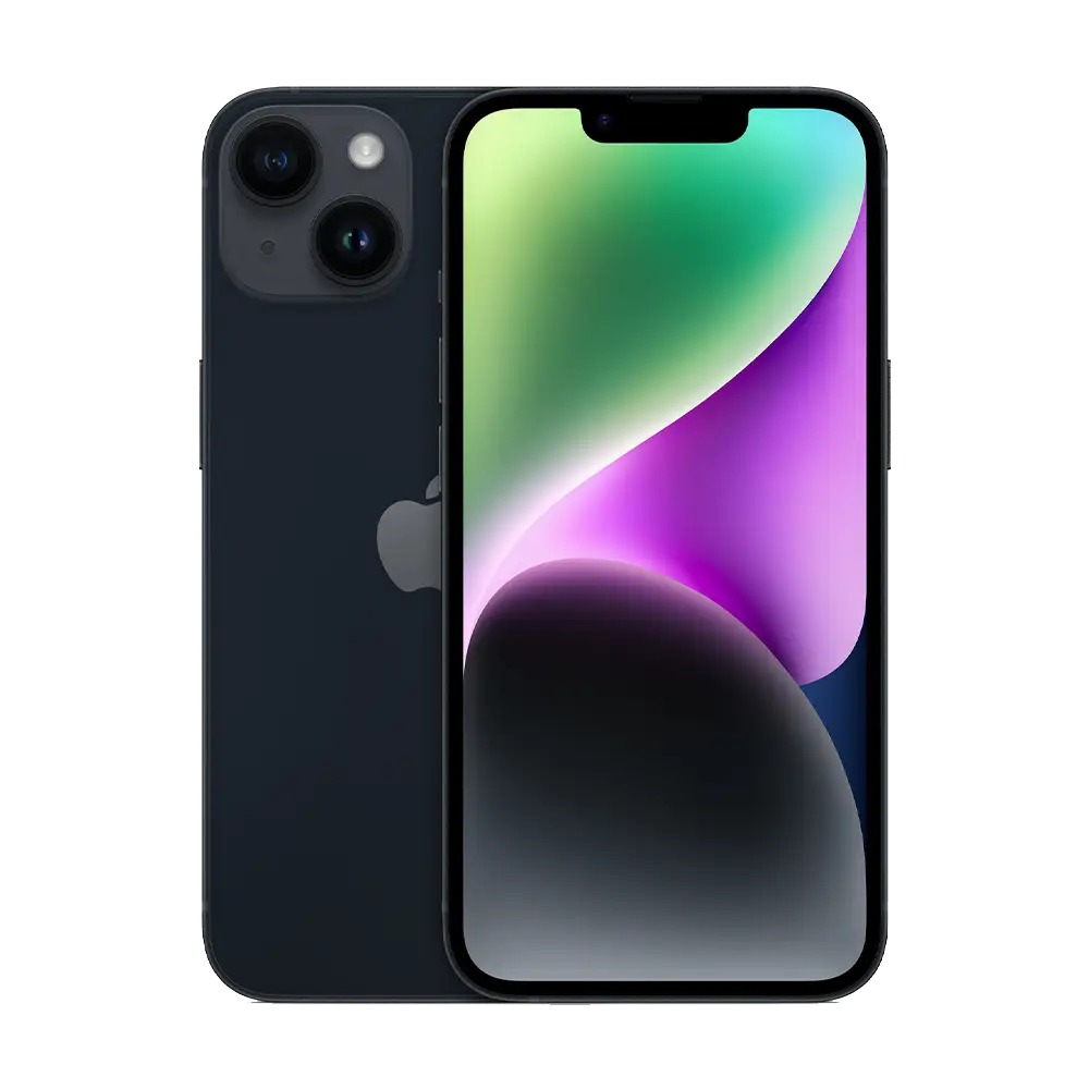 Front & rear side of iPhone 14 Plus in Midnight Black with dual camera & unlocked display.