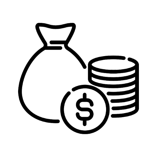 Stencilled icon of a bag of money next to pile of coins on transparent background