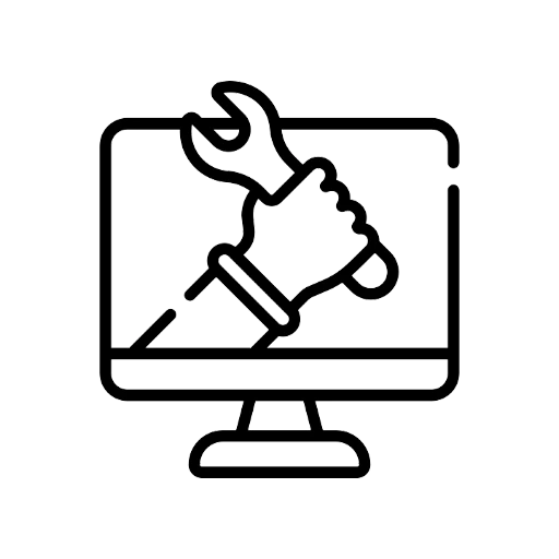 Icon of hand and wrench appearing from a computer monitor on a transparent background