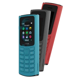 Blue, Grey, and Red Nokia 105 4G Business Mobile Models in a row