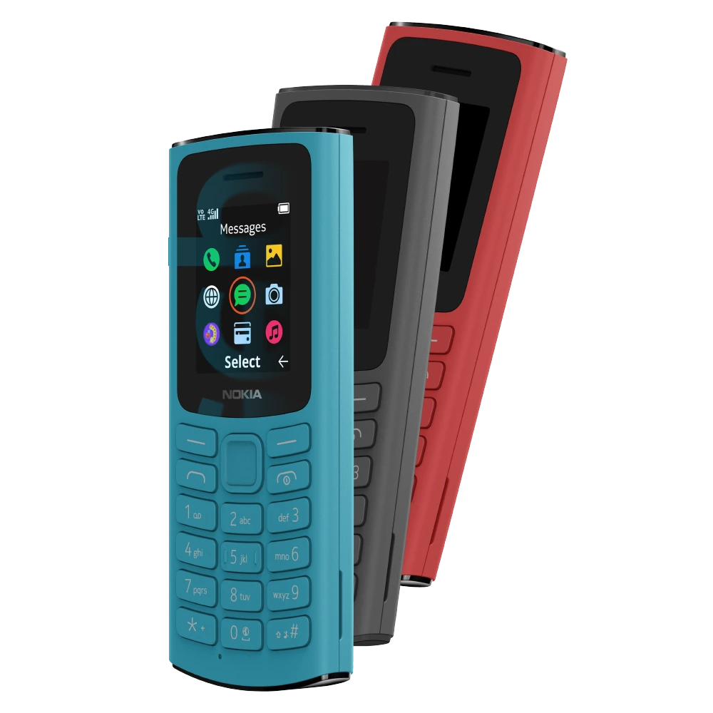 Blue, Grey, and Red Nokia 105 4G Business Mobile Models in a row