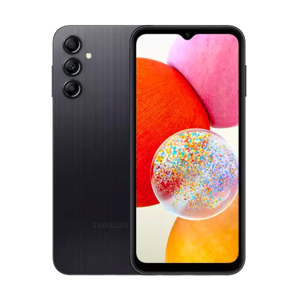 Front & rear side of Samsung Galaxy A14 showcasing unlocked display and triple camera system