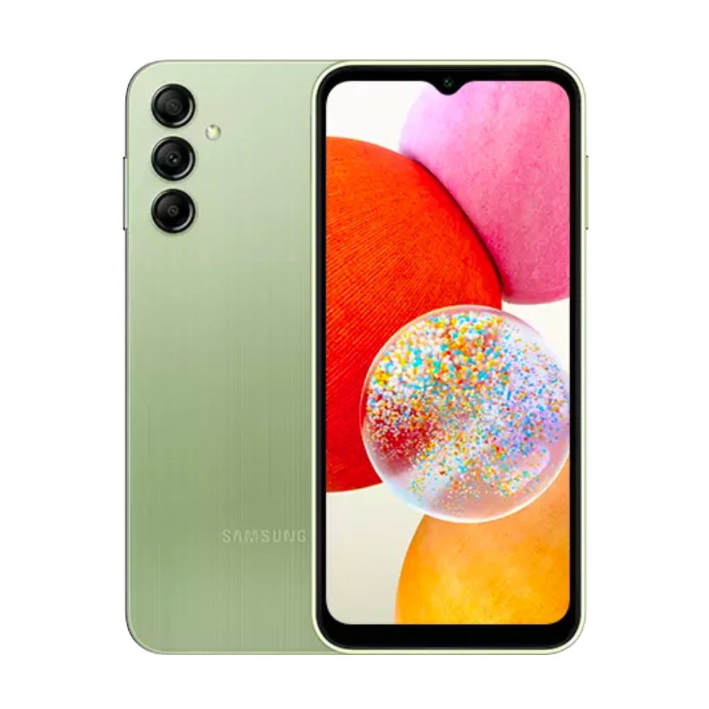 Green Galaxy A14 Samsung Galaxy A14 4G with triple camera and 6.6" screen