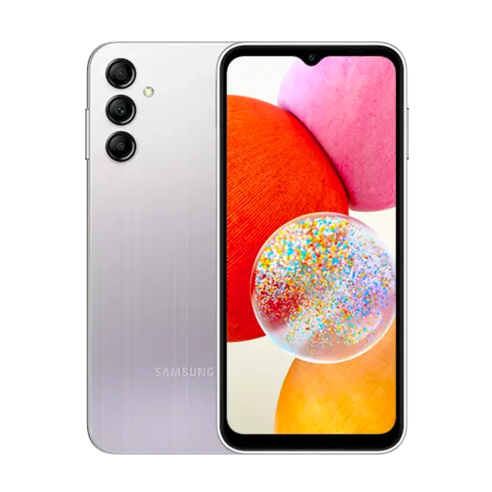 Front & rear side of silver Samsung Galaxy A14 showcasing unlocked display and triple camera system