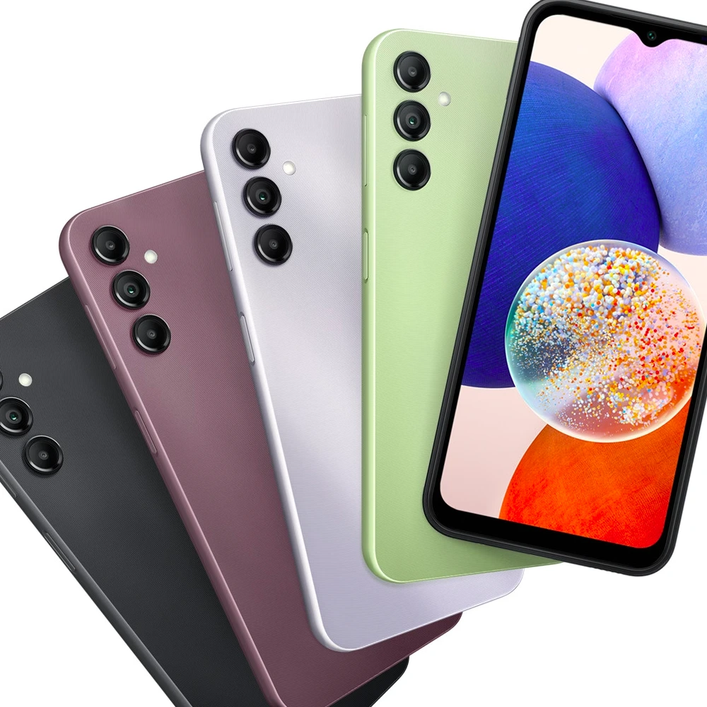 Row of five Samsung Galaxy A14 smartphone models in green, silver, purple, and black