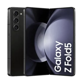 Samsung Galaxy Z Fold5 folding smartphone in Phantom Black with unlocked display and triple camera
