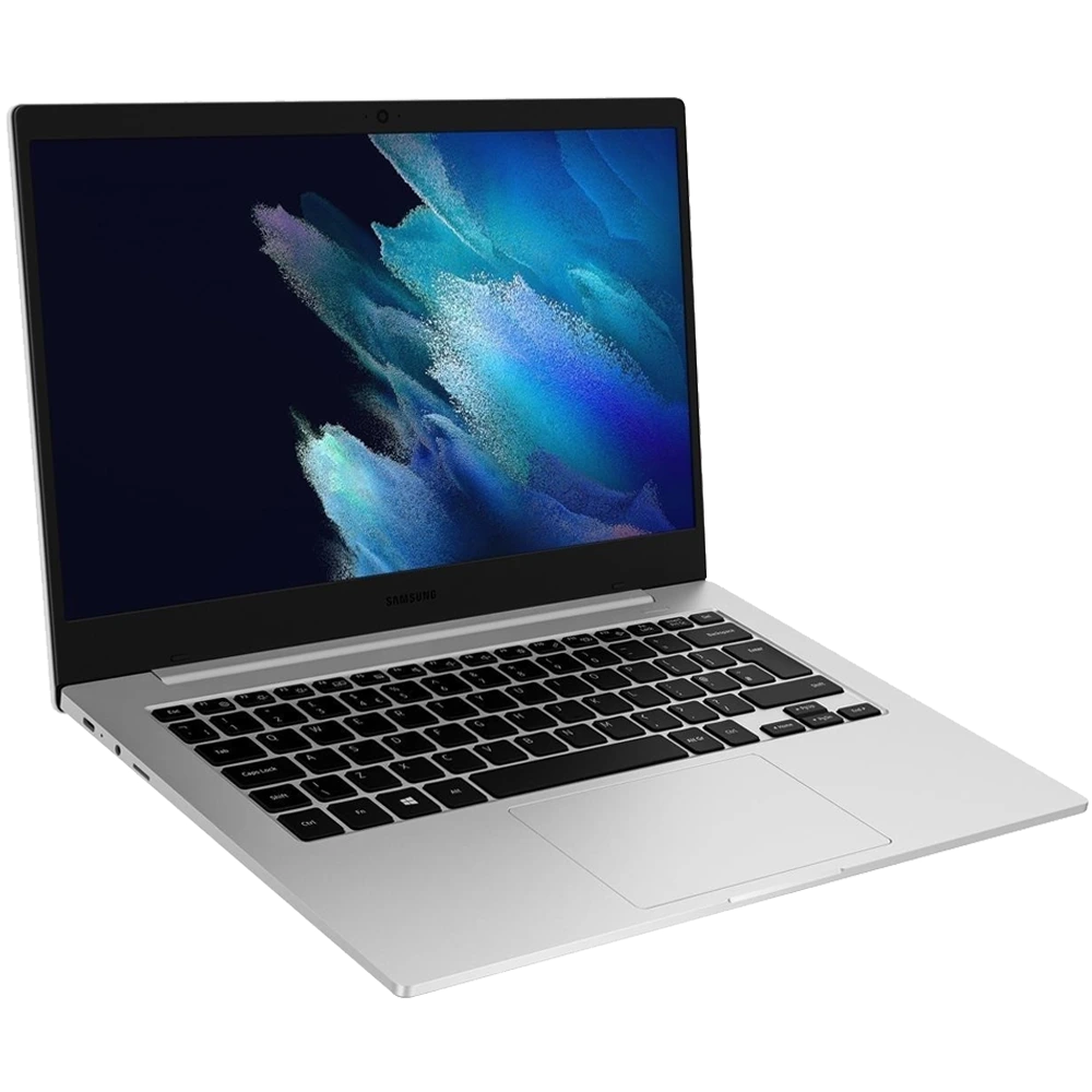 Opened Samsung Galaxy BookGo for business in silver, showcasing display and keyboard