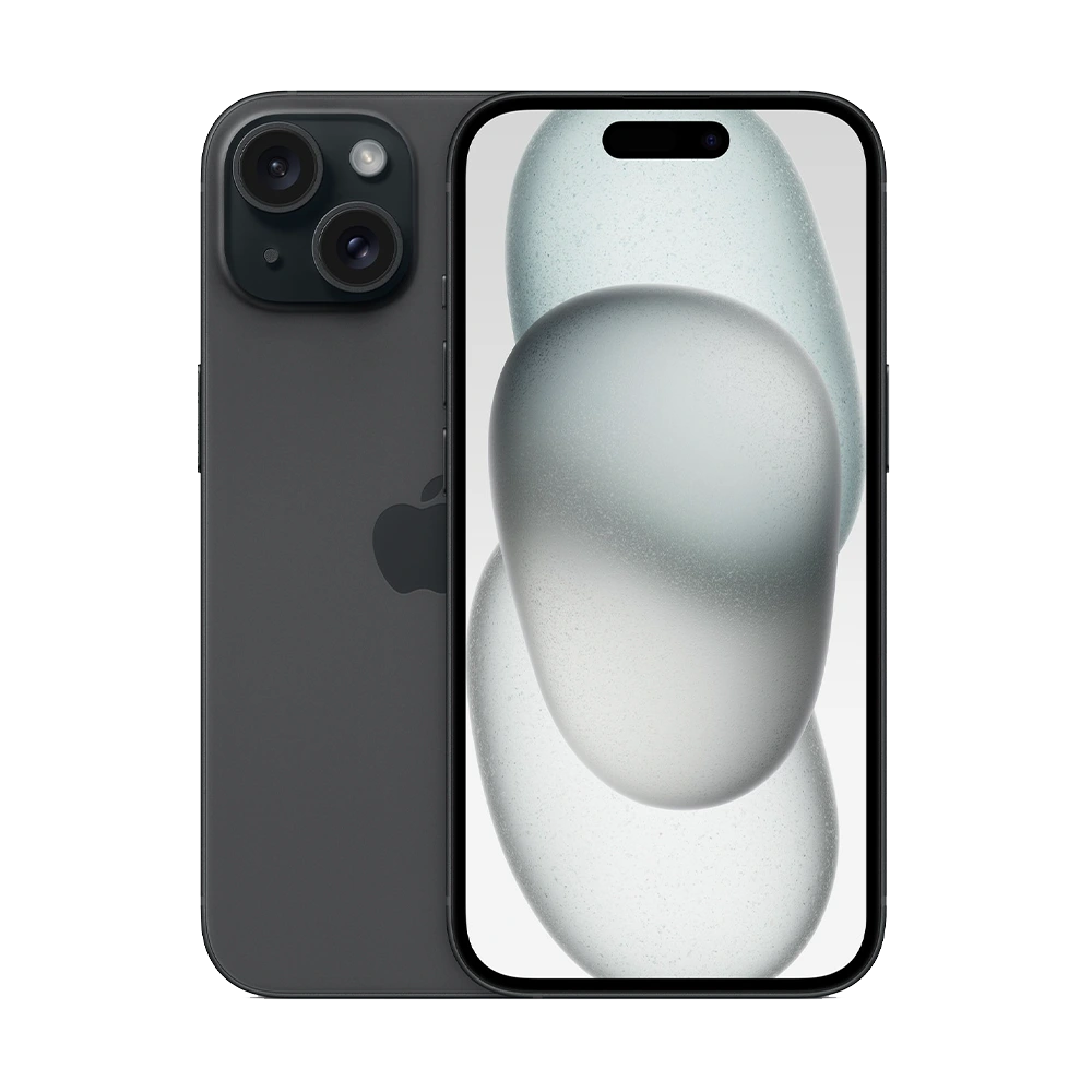Front & rear side black Apple iPhone 15 with dual camera and unlocked display