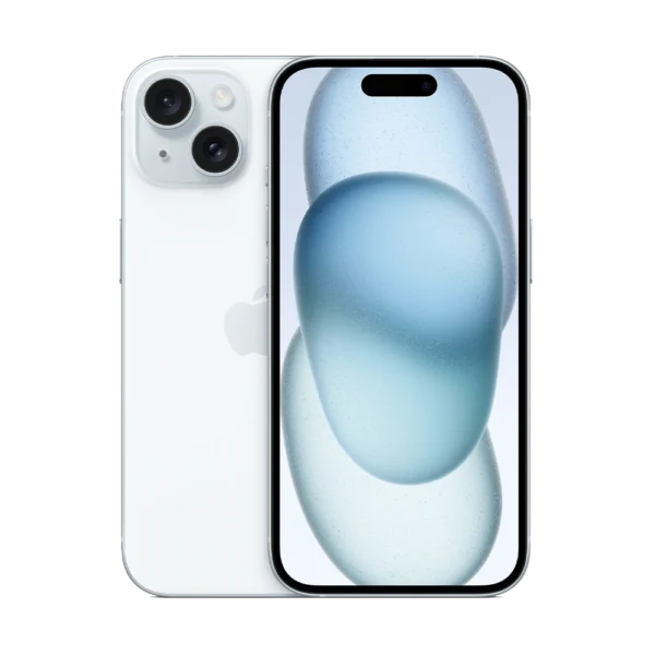 Front & rear side blue Apple iPhone 15 with dual camera and unlocked display
