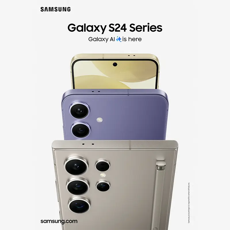 Row of Samsung Galaxy S24, S24+, and S24 Ultra models promoting Galaxy AI