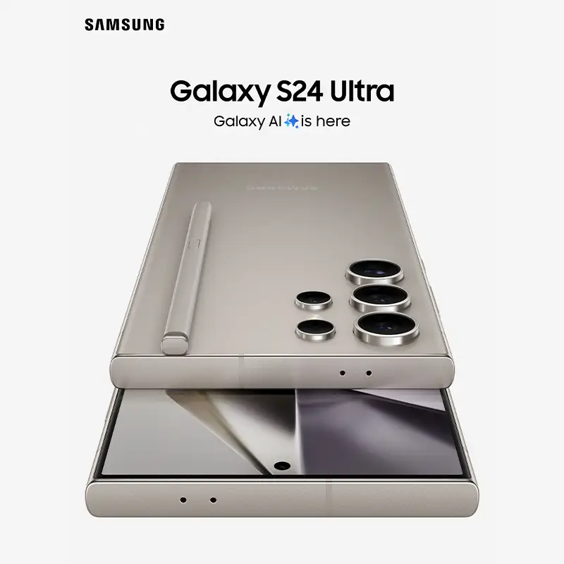 Two Samsung Galaxy S24 Ultra with unlocked display and S-Pen