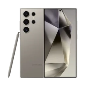 Front and rear side of Samsung Galaxy S24 Ultra in Titanium Grey with quadruple camera, unlocked display, and S-pen stylus.