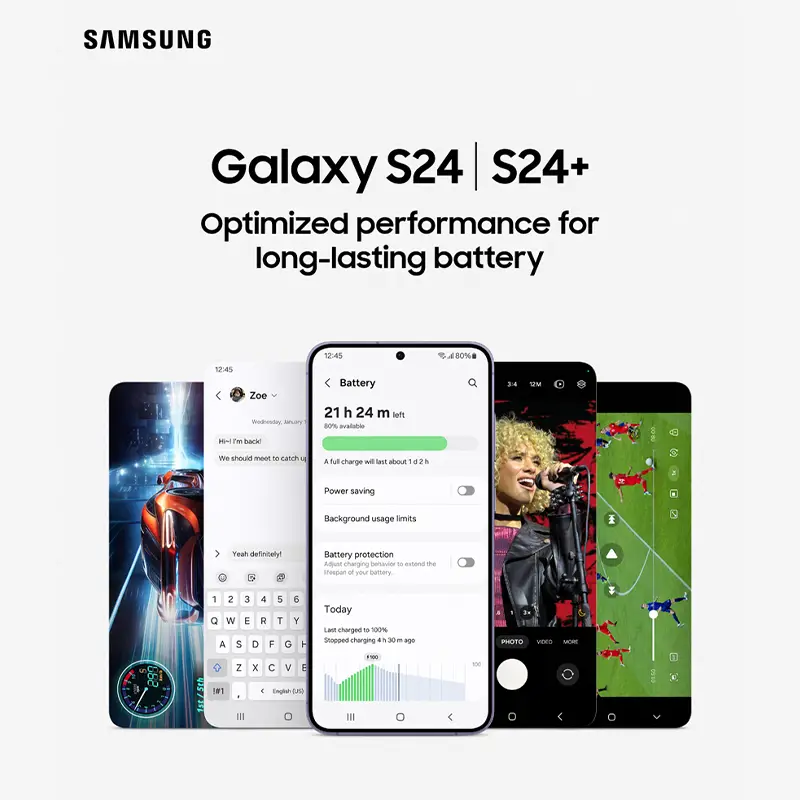Several shots of Samsung Galaxy S24 display in a row, showcasing long-lasting battery life and other features