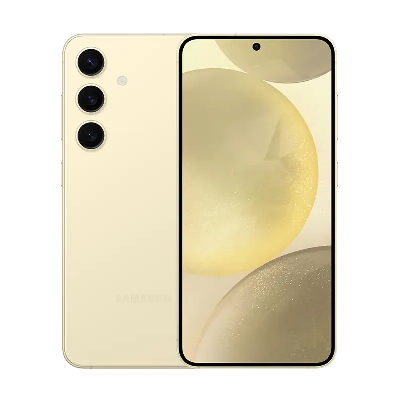 Front & rear side of Samsung Galaxy S24 in Amber Yellow with triple camera