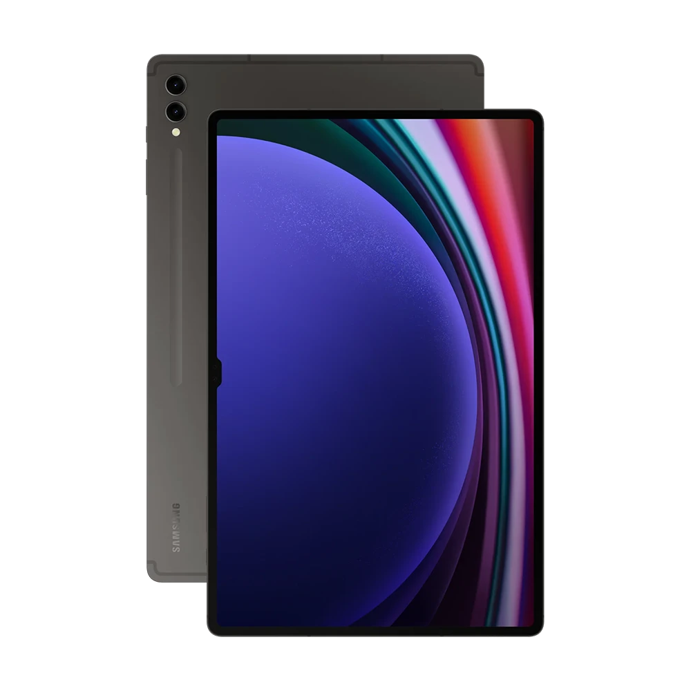 Galaxy Tab S9 5G tablet standing upright with unlocked display and dual camera