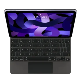 Overhead image of Apple Magic Keyboard in black, attached to iPad 11