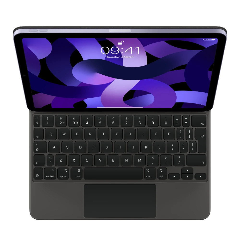 Overhead image of Apple Magic Keyboard in black, attached to iPad 11