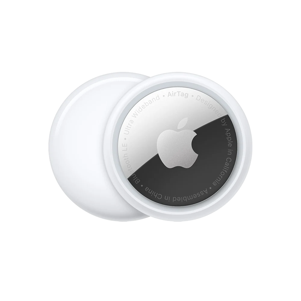 Front & rear side of white Apple AirTag