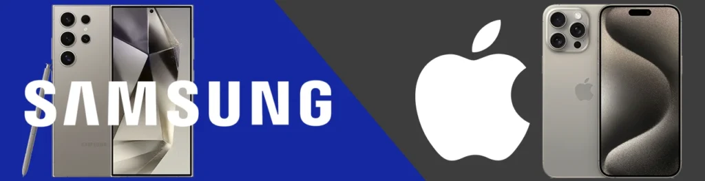 Banner with Apple vs Samsung logos alongside iPhone 15 Pro Max and Galaxy S24 Ultra mobile phones