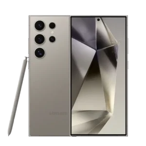 Front and rear side of Samsung Galaxy S24 Ultra in Titanium Grey with quadruple camera, unlocked display, and S-pen stylus.