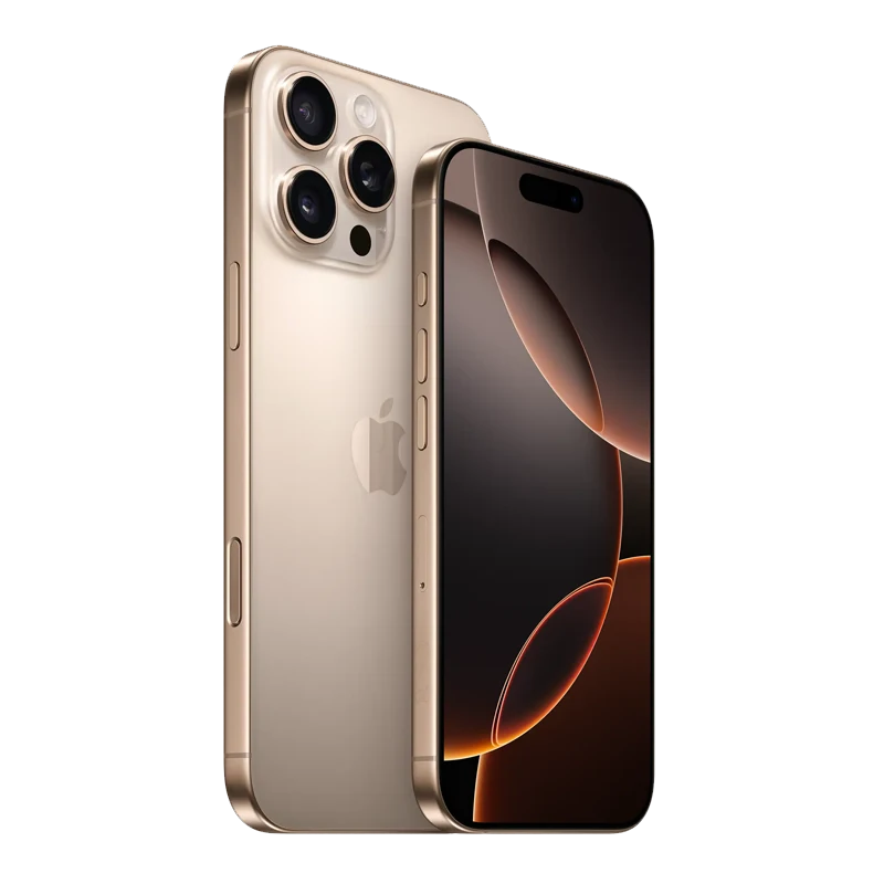 Front and rear side of iPhone 16 Pro and Pro Max in Natural Titanium business