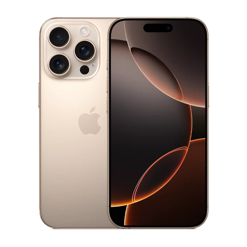 Front and rear side of iPhone 16 Pro and Pro Max in Desert Titanium business